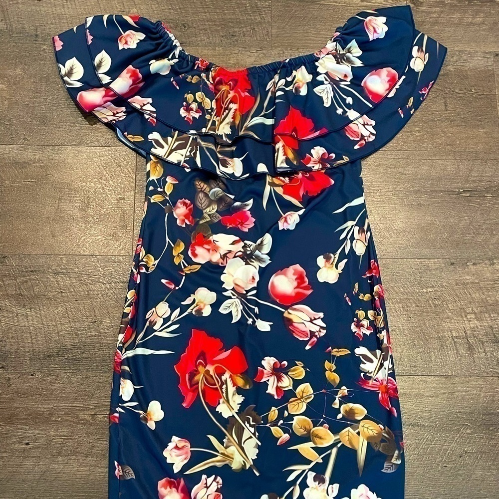 Navy & Red Floral Ruffled Off-Shoulder Dress Sz M